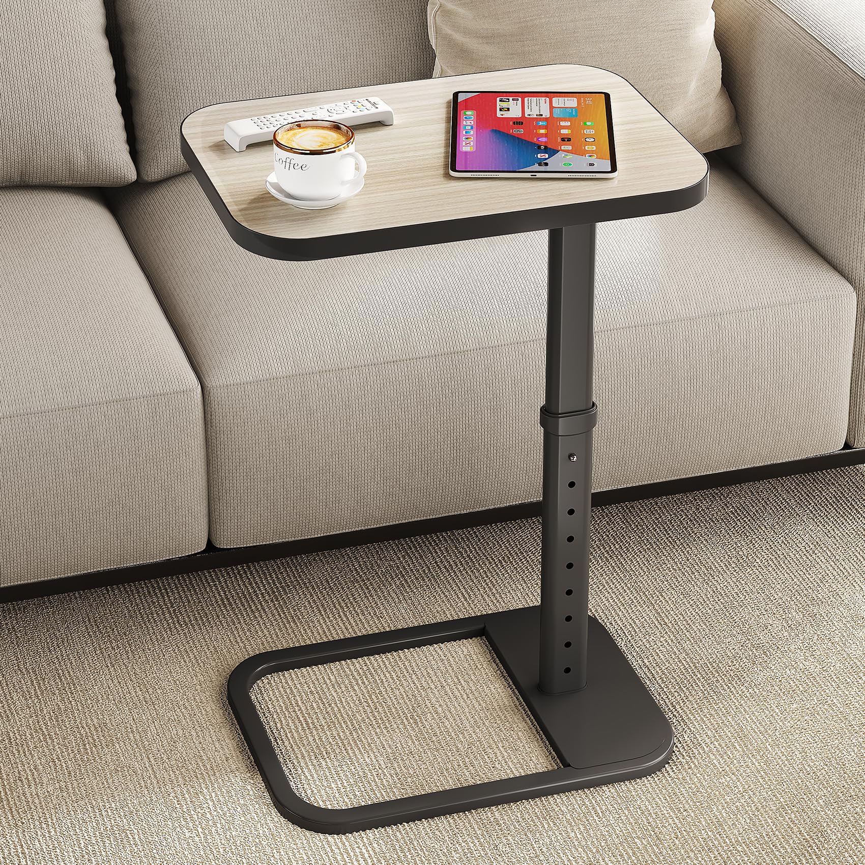 Kitstorack TV Tray Table, Adjustable Height & Flip-Top & Rounded Metal Corners, Snack Table for Couch, Sofa, Bed, Chair, Living Room, C Shaped End Side Table for Eating, Dinner or Laptop, Small Spaces
