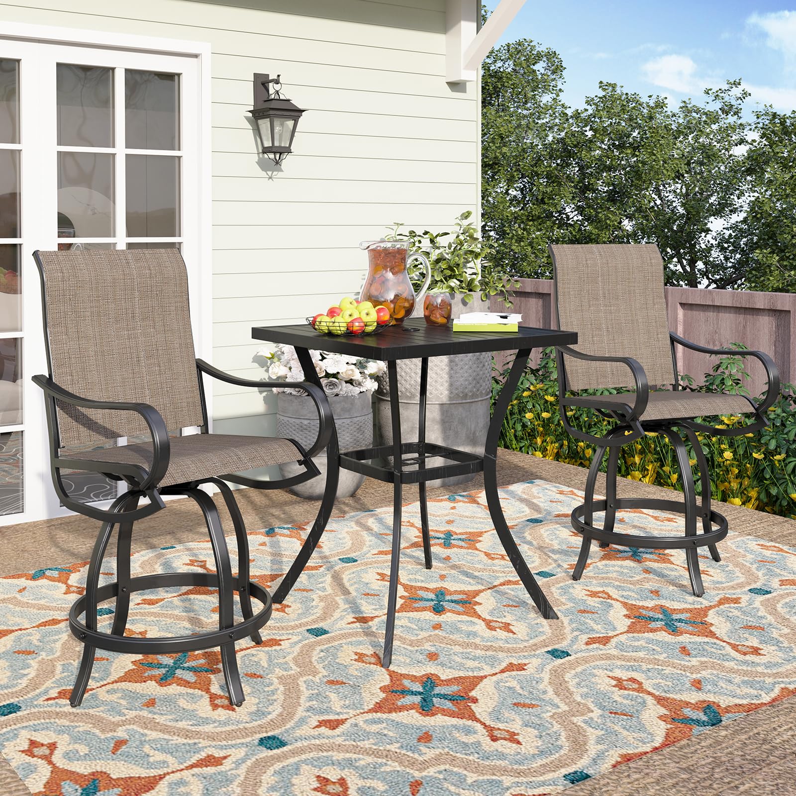 PHI Villa Outdoor Swivel Bar Stools Set of 4, Counter Height Patio Chairs with Waterproof Textile Fabric Brown, Rustproof Metal Frame & Circular Footrest for Poolside, Garden, Yard