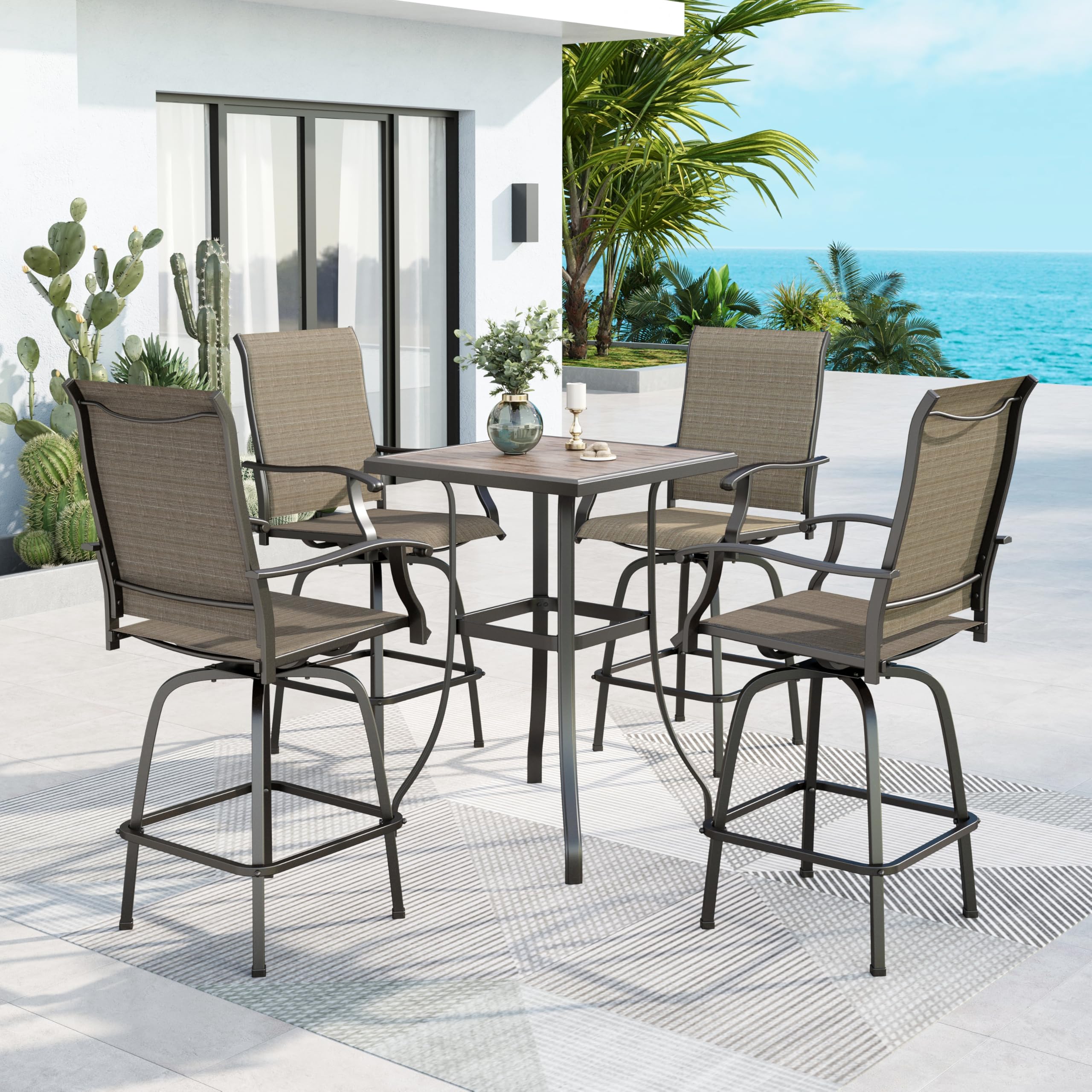 MFSTUDIO Outdoor Bar Stools Set of 4, Swivel Bar Height Patio Chairs Outdoor Barstools High Top Patio Swivel Bar Chairs, Breathable Textilene