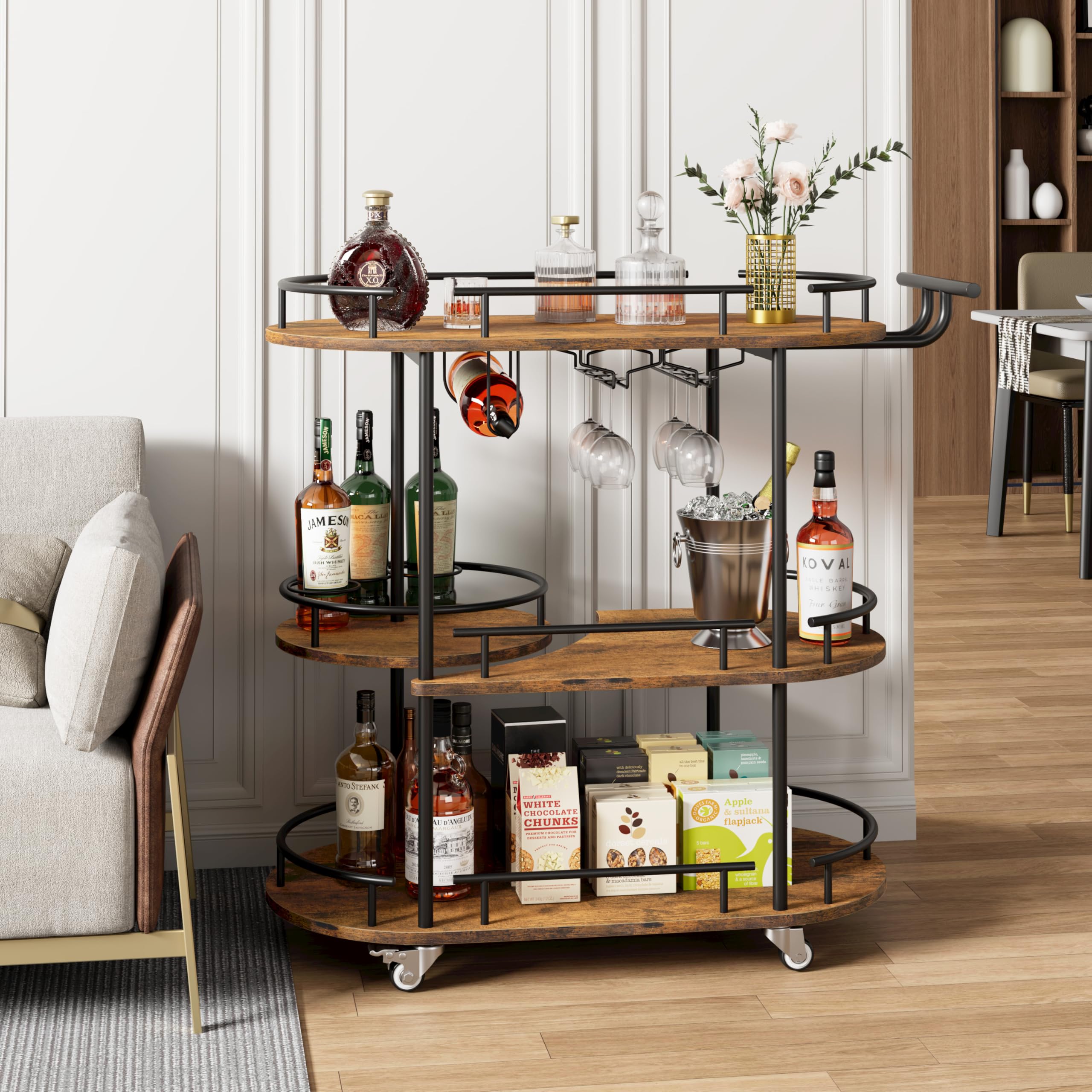 GarveeHome 3-Tier Bar Cart on Wheels, Mobile Serving Cart with Wine Rack and Glass Holder, Metal Kitchen Utility Cart for Coffee Station, Mini Home Bar, Dining Room - Gold+White