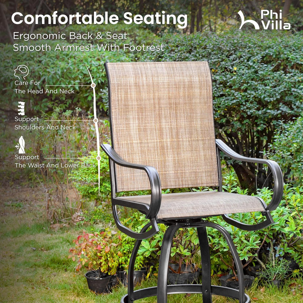 PHI Villa Outdoor Swivel Bar Stools Set of 4, Counter Height Patio Chairs with Waterproof Textile Fabric Brown, Rustproof Metal Frame & Circular Footrest for Poolside, Garden, Yard