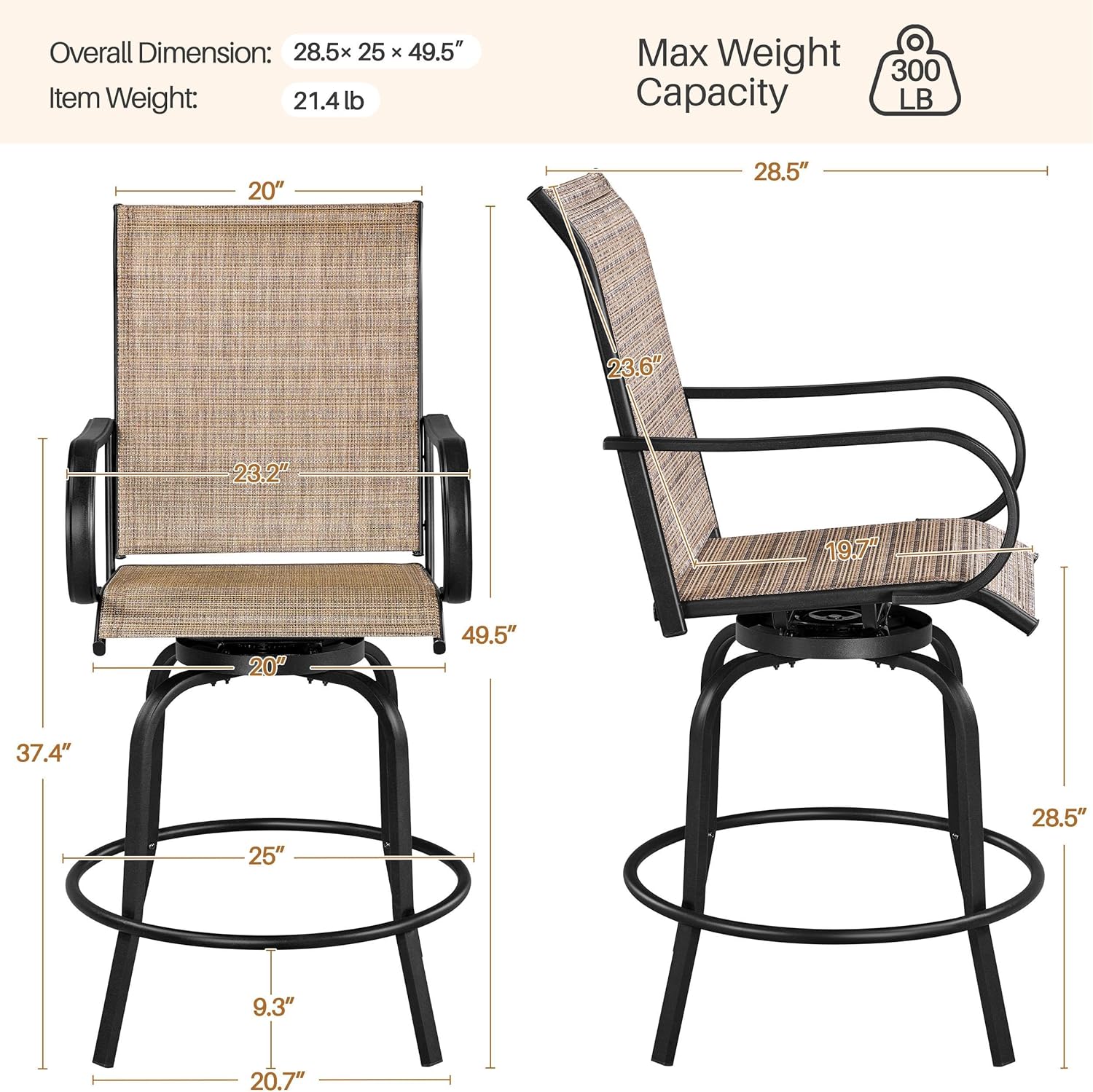 Yaheetech Patio Swivel Bar Stools Outdoor Chairs Set of 2 Outdoor High Bistro Stools Outdoor Furniture, All-Weather Patio Stools for Outside, Beach, Lawn, Poolside and Garden, Black/Brown