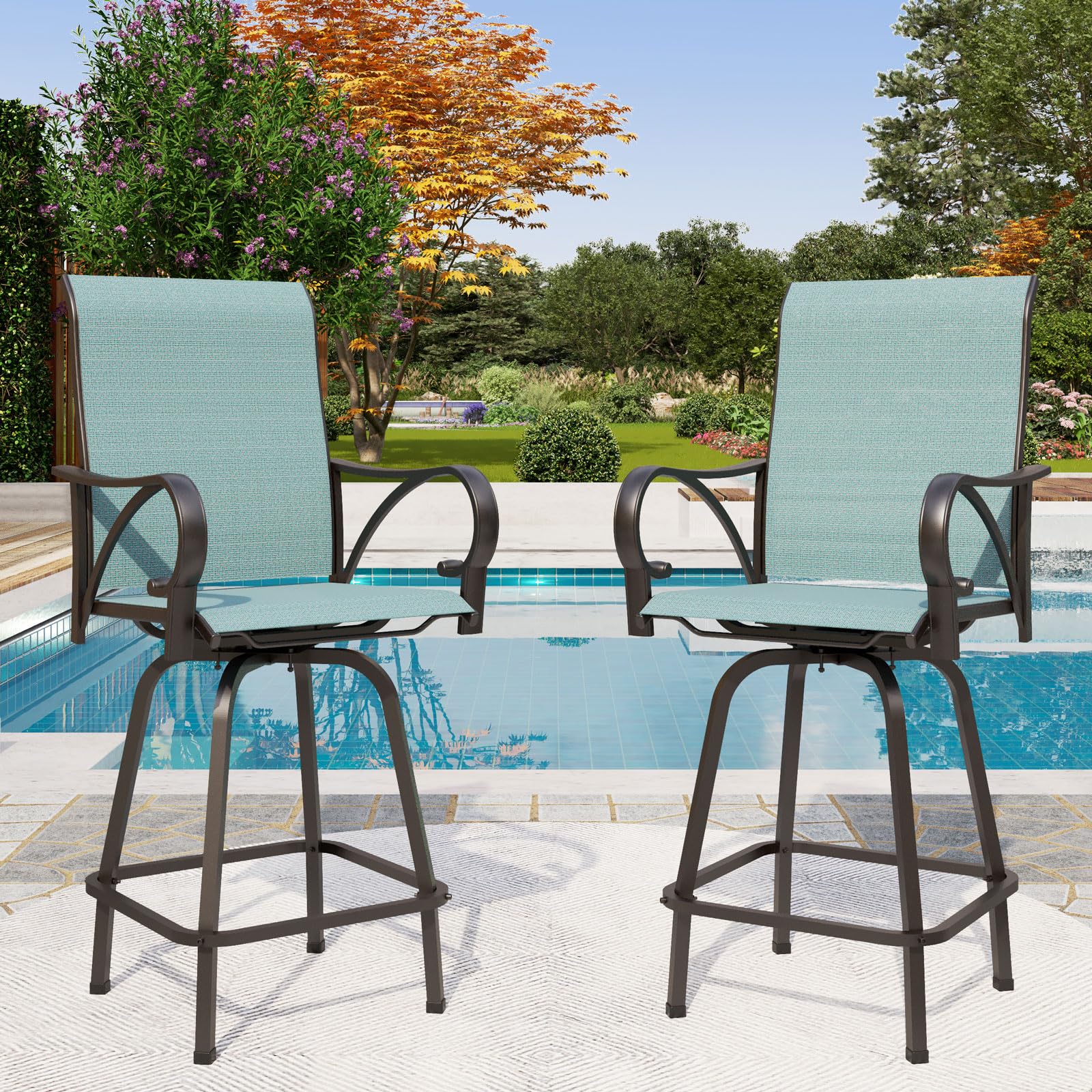 PHI VILLA Outdoor Bar Stools Set of 4, Swivel Patio Bar Stools & Chairs with 30" Seat Height & Brown Textilene Backrest, Tall Outdoor Chairs Bar Funiture for Outside, Porch and Yard