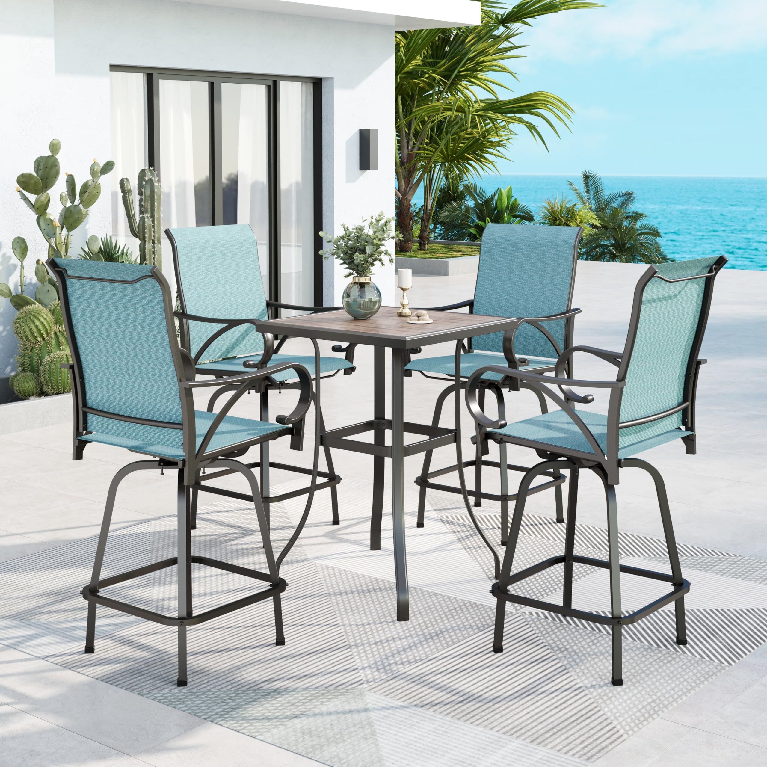 MFSTUDIO Outdoor Bar Stools Set of 4, Swivel Bar Height Patio Chairs Outdoor Barstools High Top Patio Swivel Bar Chairs, Breathable Textilene
