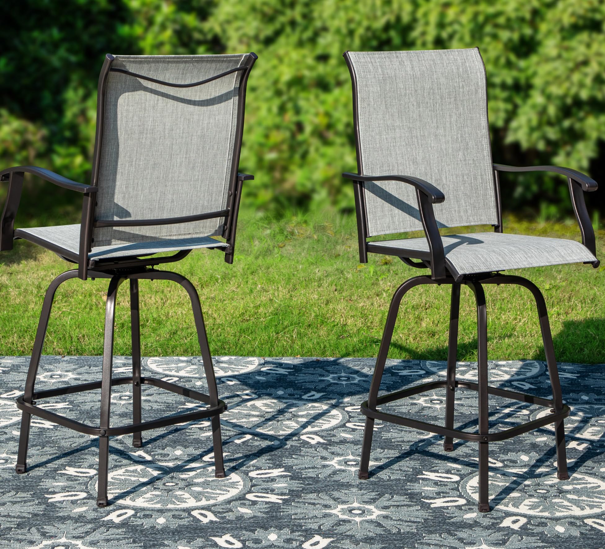 PHI VILLA Outdoor Swivel Bar Stools Set of 2, High Top Patio Chairs with Padded Textilene Seating, All-Weather Bar Height Furniture for Kitchen or Outside, Padded Brown Textilene