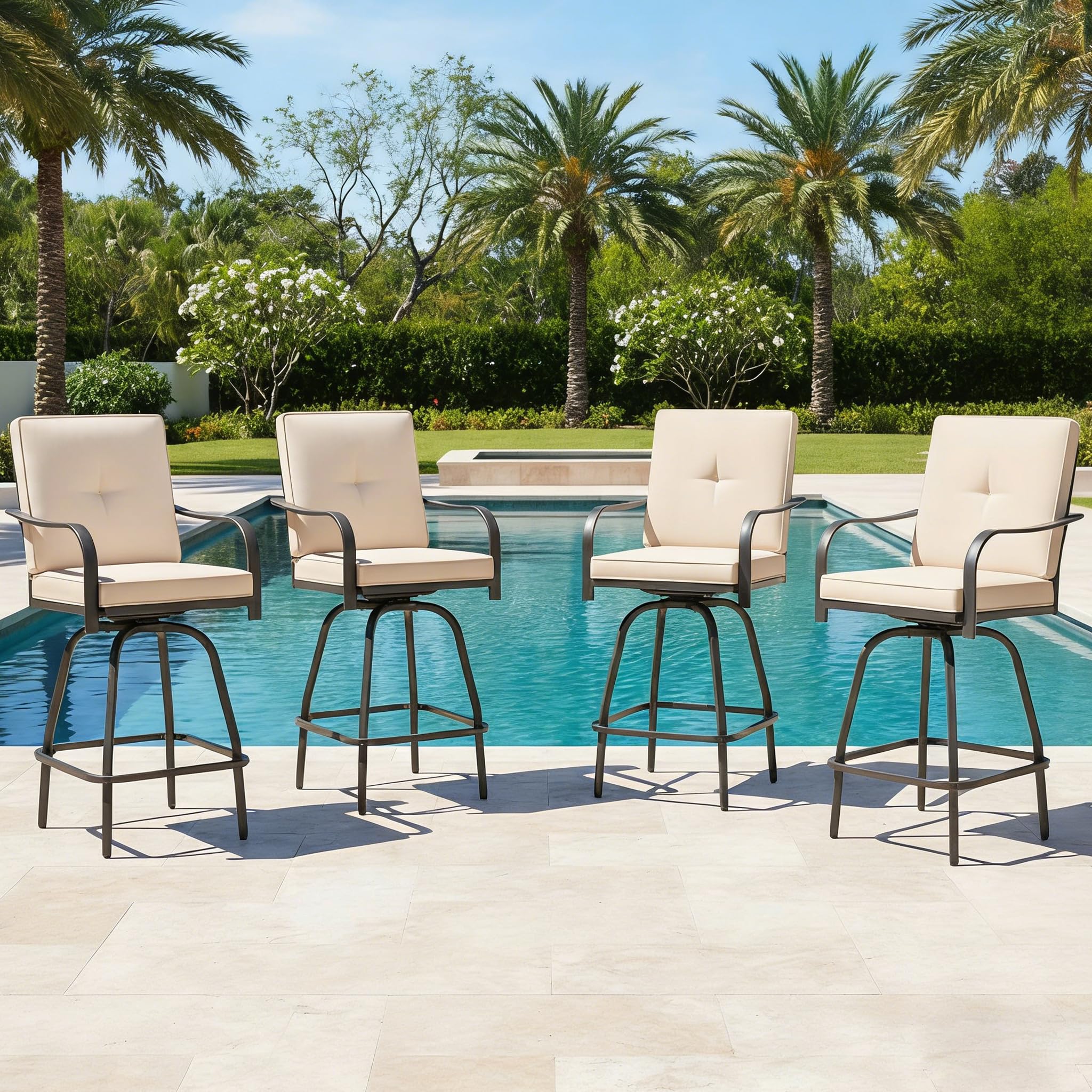 Patio Swivel Bar Stools Set of 2, Outdoor Bar Height Swivel Chairs with Cushions for Garden Balcony Backyard, Grey