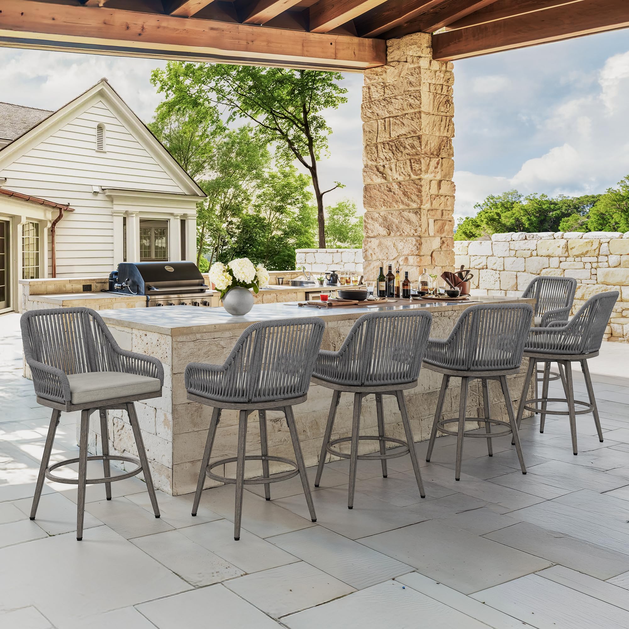 360° Swivel Outdoor Bar Stools Set of 4, Modern Aluminum Wicker Patio Chair with Olefin Rope Curved Backrest and Circular Cushion, Bar Stools for Patio, Garden, Kitchen, Mocha Grey