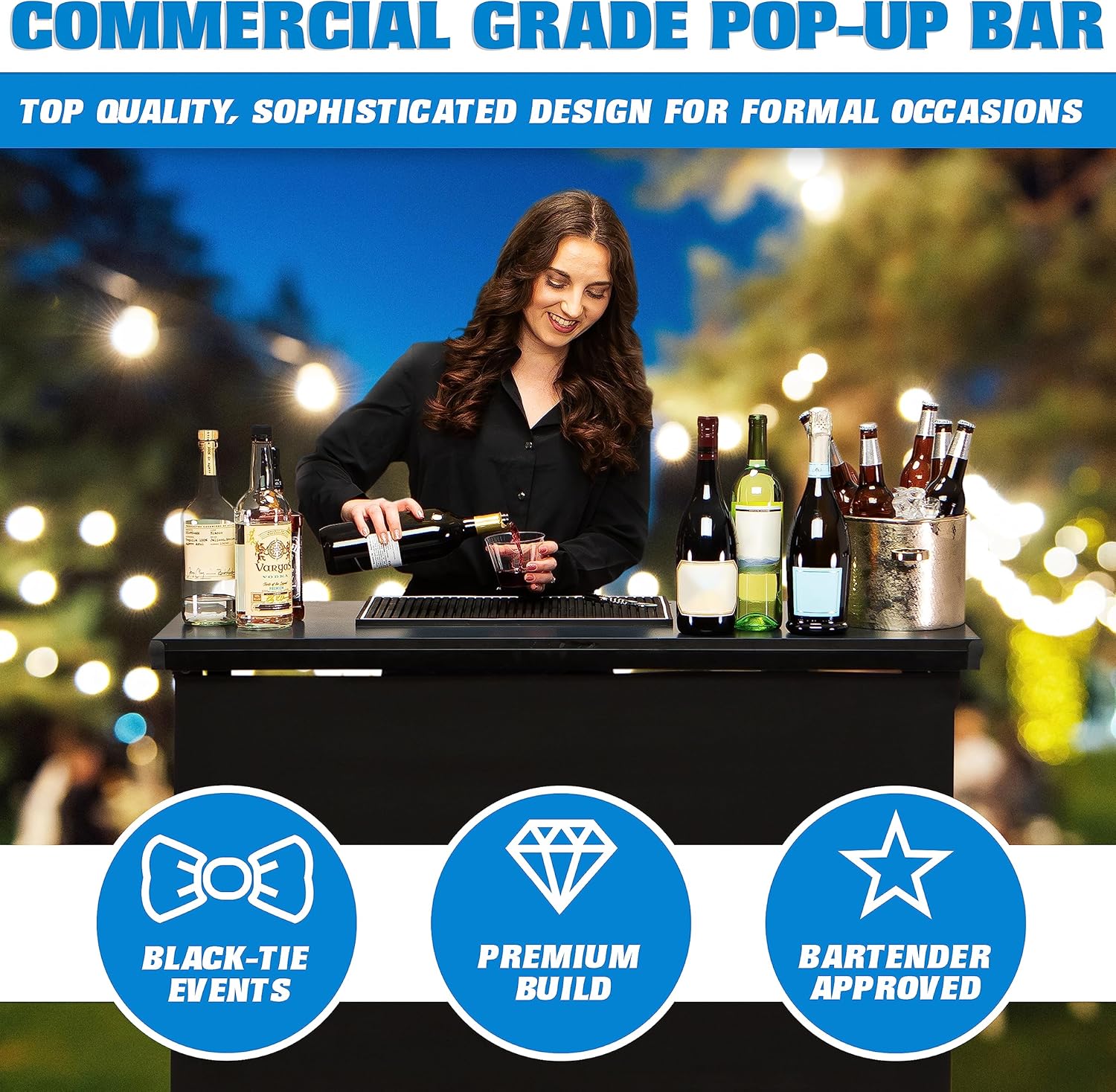 GoBar PRO Commercial Grade Portable Bar Table - Mobile Bartender Station for Events - Includes Black Skirt and Carry Case - Standard or LED