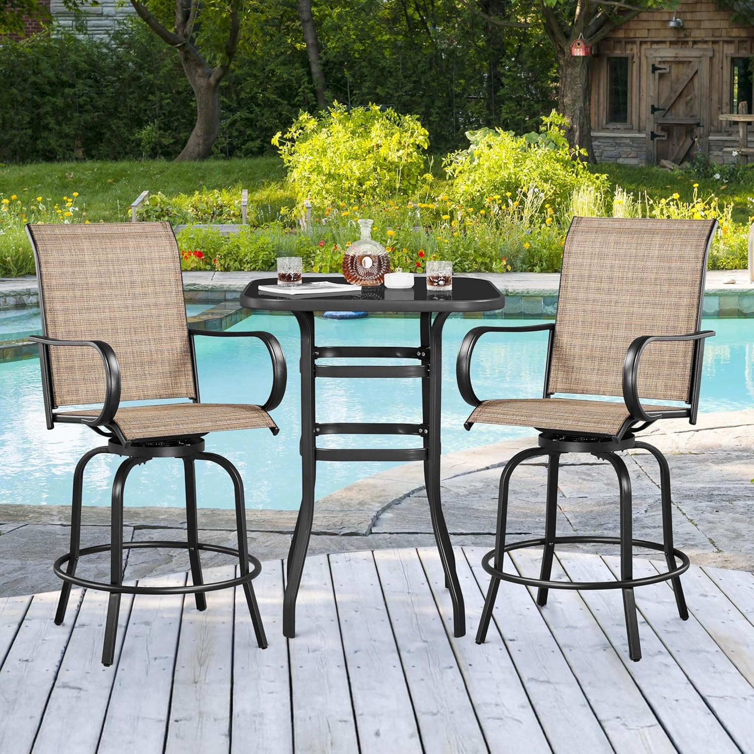 Yaheetech Patio Swivel Bar Stools Outdoor Chairs Set of 2 Outdoor High Bistro Stools Outdoor Furniture, All-Weather Patio Stools for Outside, Beach, Lawn, Poolside and Garden, Black/Brown
