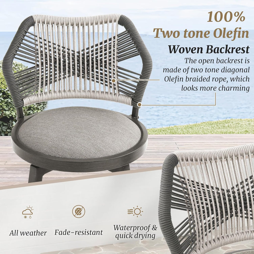 360° Swivel Outdoor Bar Stools Set of 4, Modern Aluminum Wicker Patio Chair with Olefin Rope Curved Backrest and Circular Cushion, Bar Stools for Patio, Garden, Kitchen, Mocha Grey