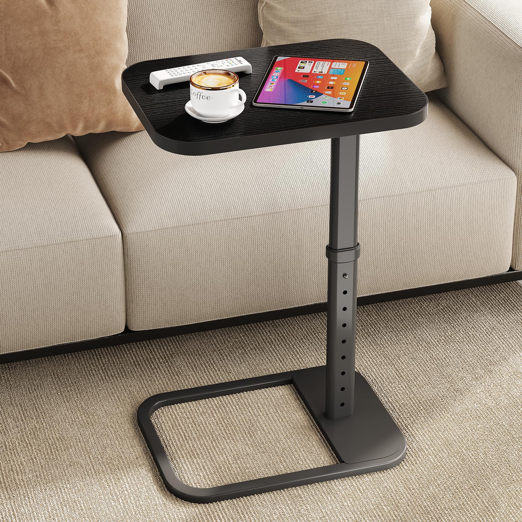 Kitstorack TV Tray Table, Adjustable Height & Flip-Top & Rounded Metal Corners, Snack Table for Couch, Sofa, Bed, Chair, Living Room, C Shaped End Side Table for Eating, Dinner or Laptop, Small Spaces