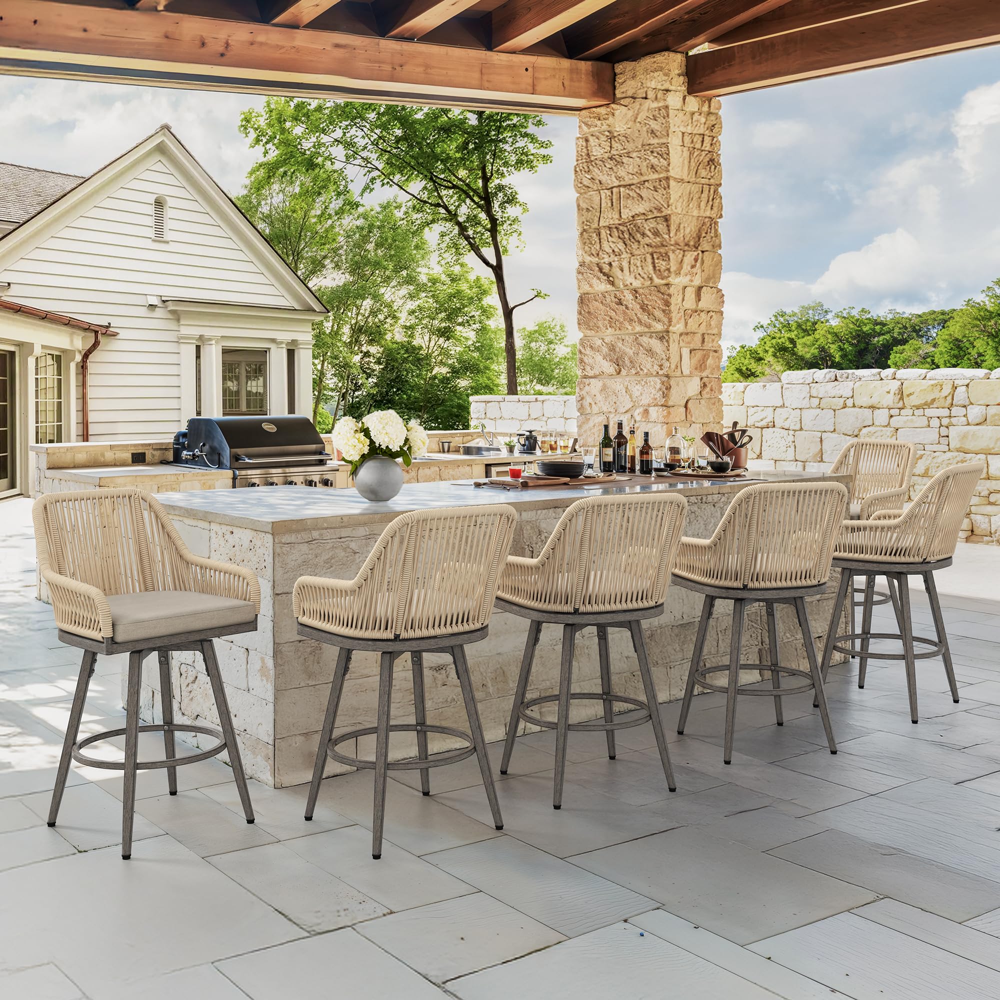 360° Swivel Outdoor Bar Stools Set of 4, Modern Aluminum Wicker Patio Chair with Olefin Rope Curved Backrest and Circular Cushion, Bar Stools for Patio, Garden, Kitchen, Mocha Grey