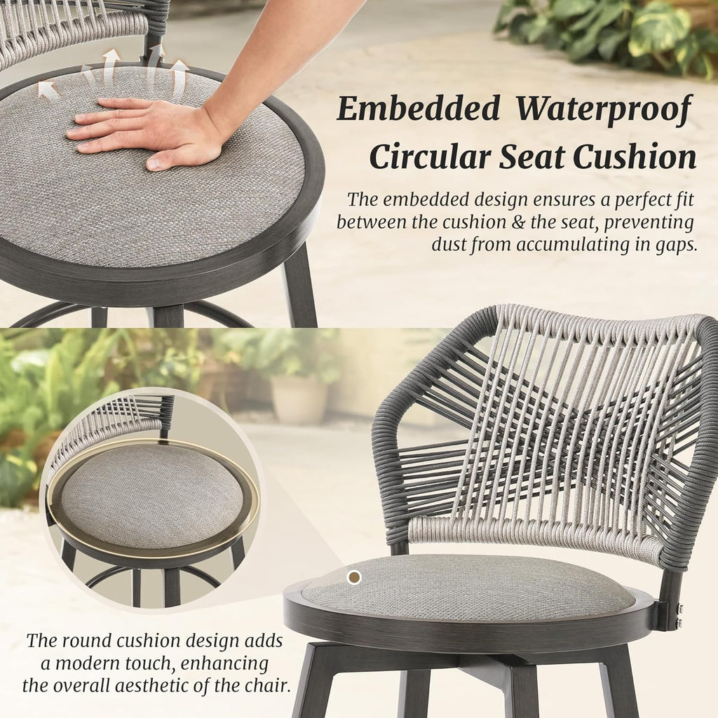 360° Swivel Outdoor Bar Stools Set of 4, Modern Aluminum Wicker Patio Chair with Olefin Rope Curved Backrest and Circular Cushion, Bar Stools for Patio, Garden, Kitchen, Mocha Grey