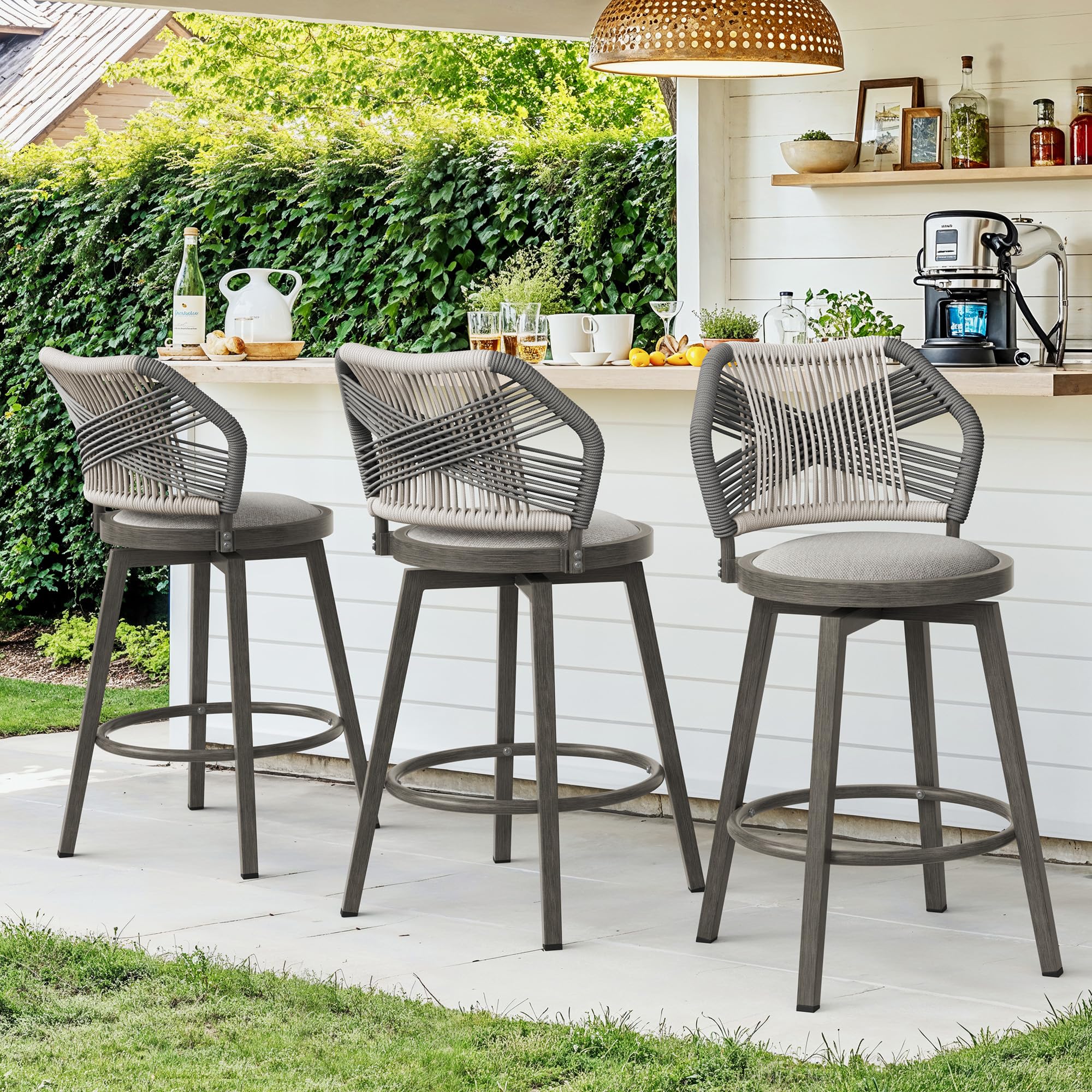 360° Swivel Outdoor Bar Stools Set of 4, Modern Aluminum Wicker Patio Chair with Olefin Rope Curved Backrest and Circular Cushion, Bar Stools for Patio, Garden, Kitchen, Mocha Grey