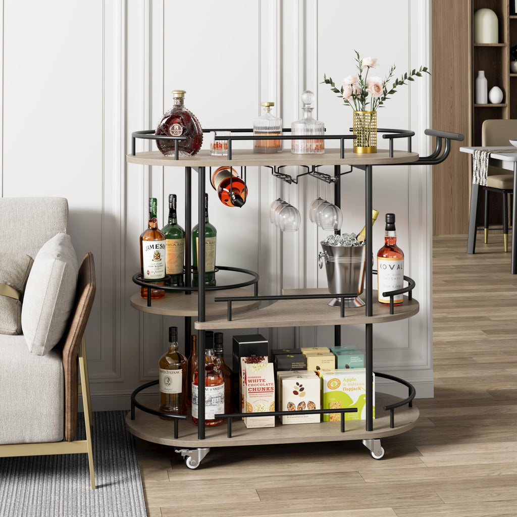 GarveeHome 3-Tier Bar Cart on Wheels, Mobile Serving Cart with Wine Rack and Glass Holder, Metal Kitchen Utility Cart for Coffee Station, Mini Home Bar, Dining Room - Gold+White