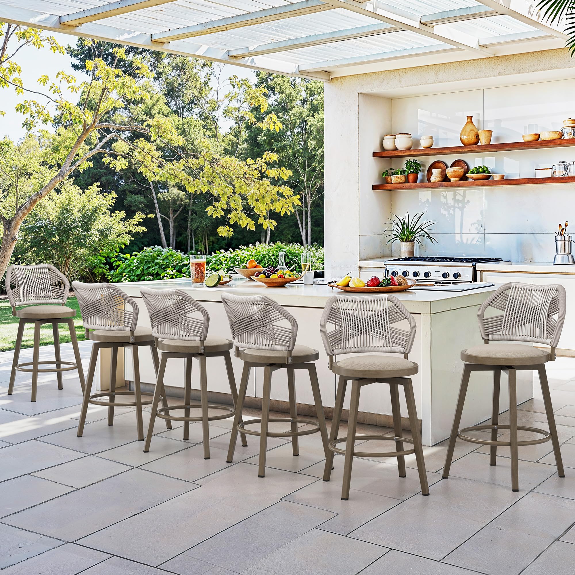 360° Swivel Outdoor Bar Stools Set of 4, Modern Aluminum Wicker Patio Chair with Olefin Rope Curved Backrest and Circular Cushion, Bar Stools for Patio, Garden, Kitchen, Mocha Grey