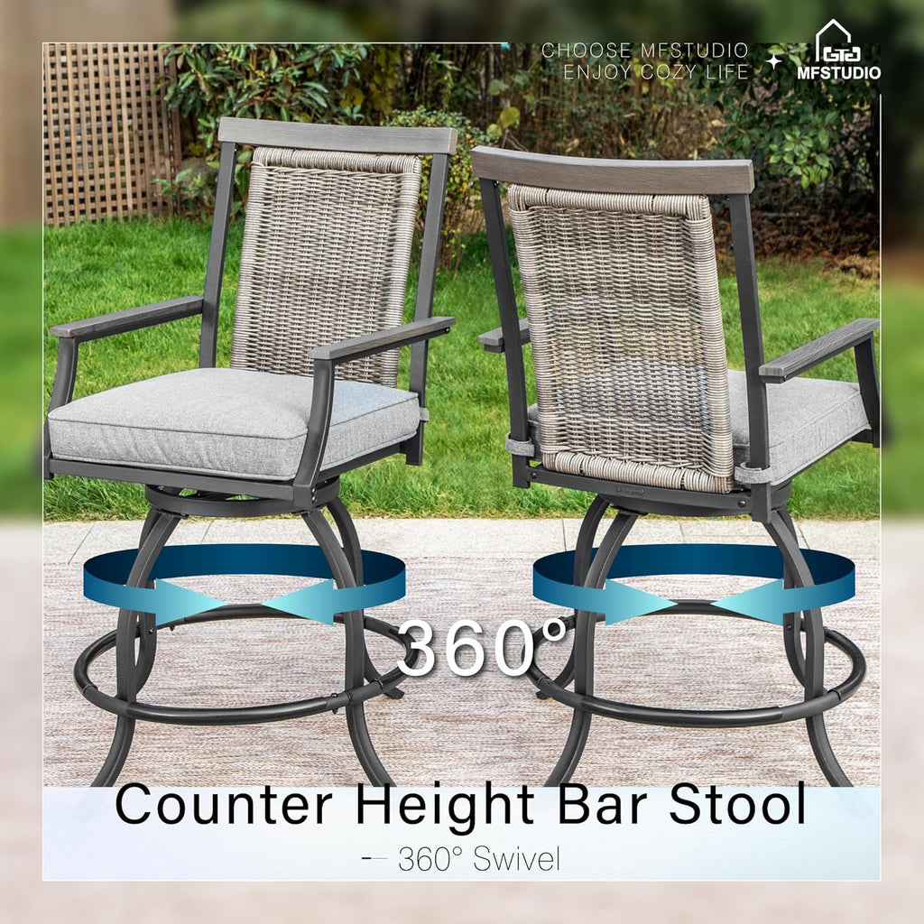 MFSTUDIO Outdoor Counter Height Bar Stool Set of 4, Swivel Rattan Backrest Metal Patio Bar Chair with Armrest and Cushion, All Weather Resistant Patio Chair, Grey