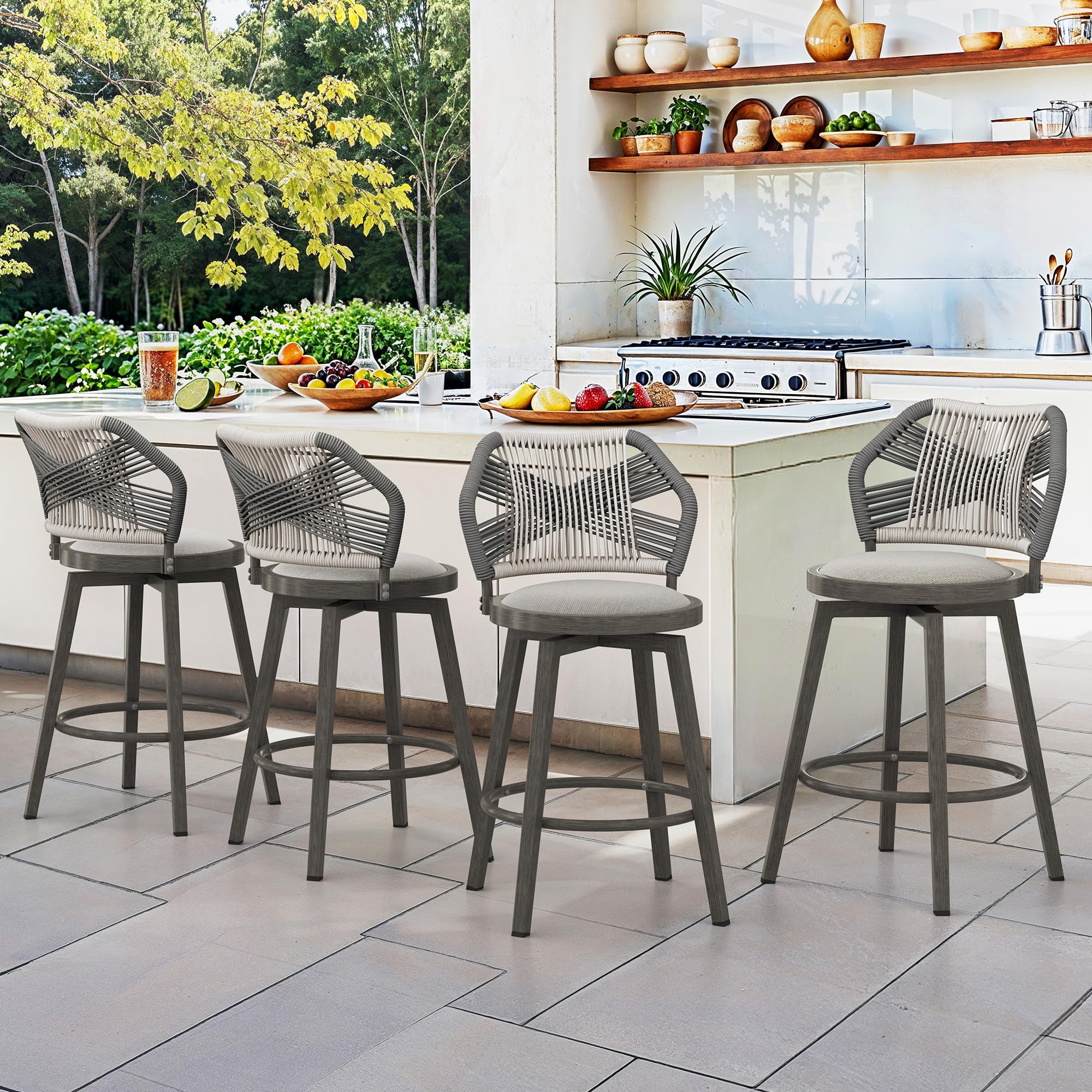360° Swivel Outdoor Bar Stools Set of 4, Modern Aluminum Wicker Patio Chair with Olefin Rope Curved Backrest and Circular Cushion, Bar Stools for Patio, Garden, Kitchen, Mocha Grey