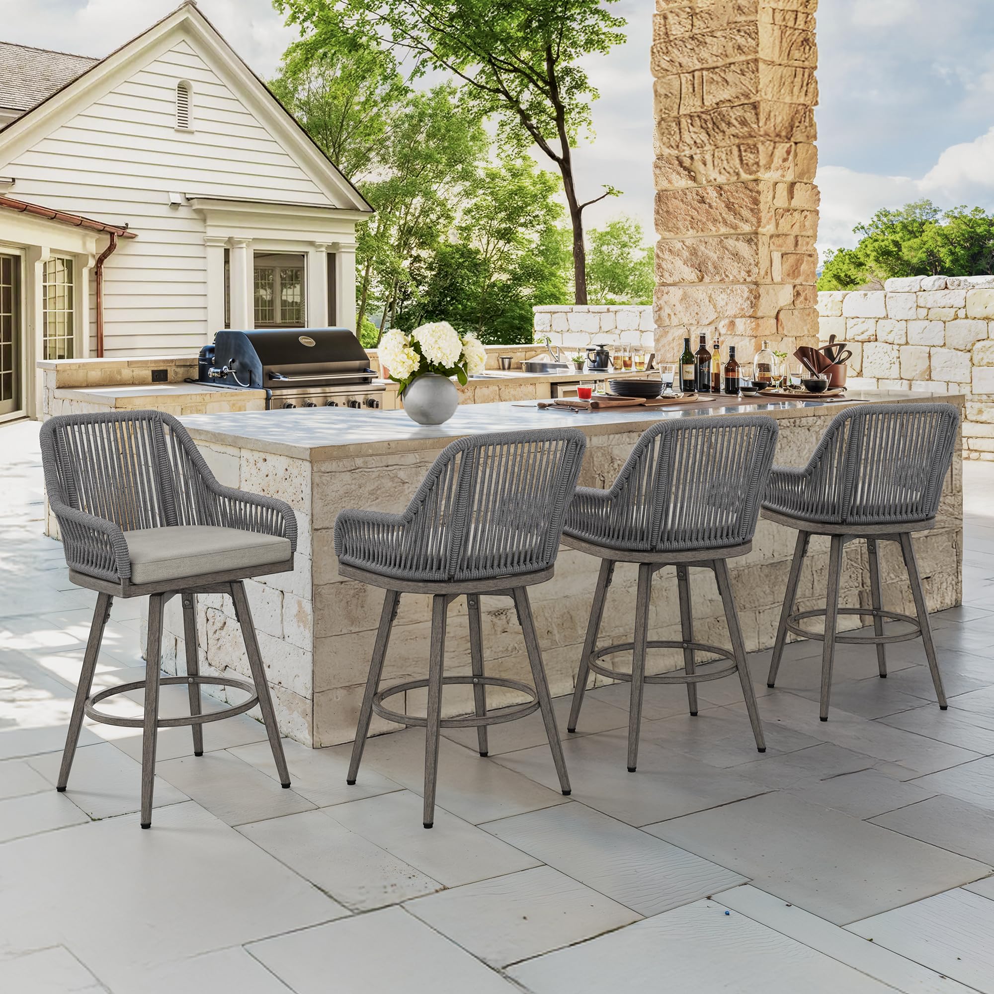 360° Swivel Outdoor Bar Stools Set of 4, Modern Aluminum Wicker Patio Chair with Olefin Rope Curved Backrest and Circular Cushion, Bar Stools for Patio, Garden, Kitchen, Mocha Grey