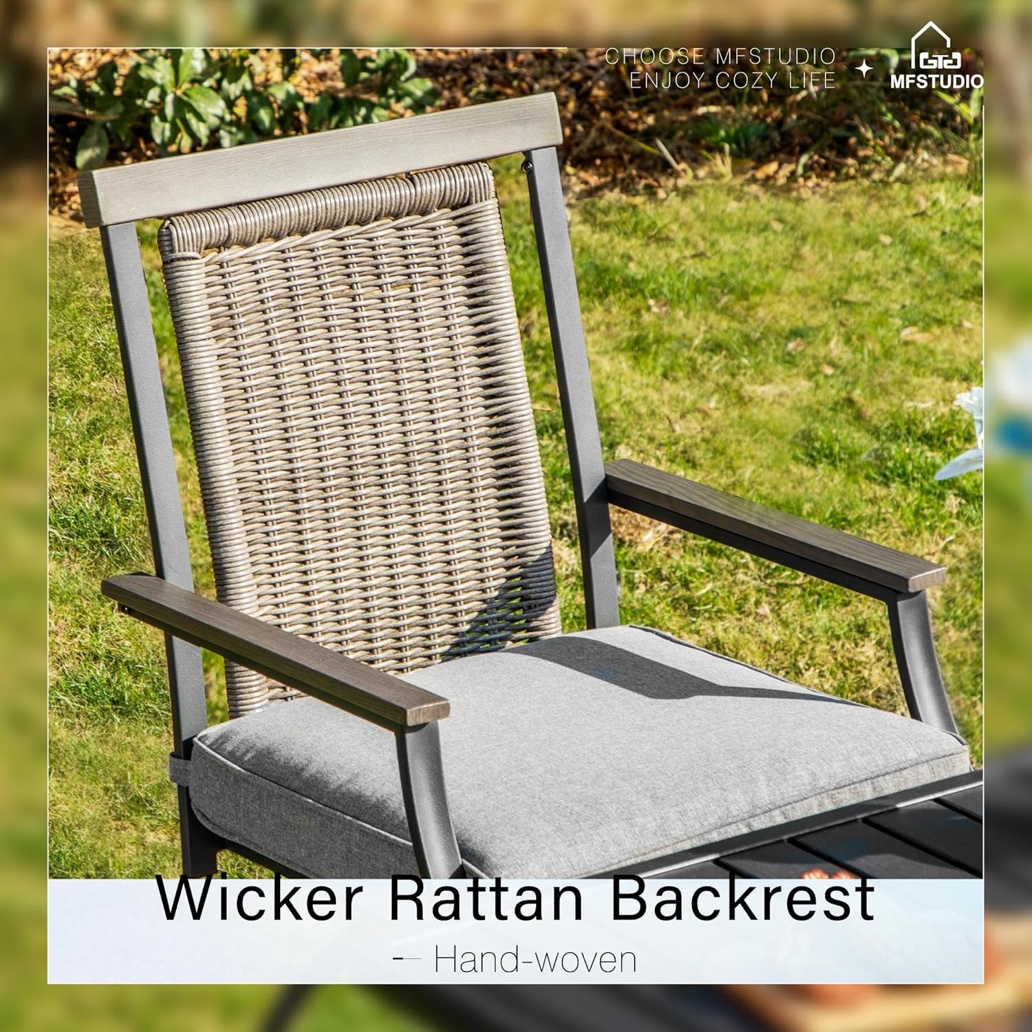 MFSTUDIO Outdoor Counter Height Bar Stool Set of 4, Swivel Rattan Backrest Metal Patio Bar Chair with Armrest and Cushion, All Weather Resistant Patio Chair, Grey