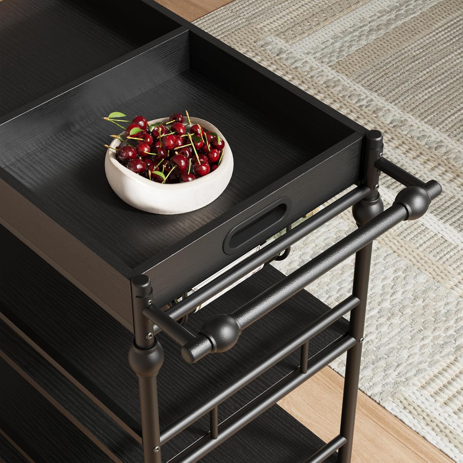 GarveeHome Bar Cart with Wheels, 3-Tier Serving Cart for Home, Mobile Rolling Beverage Cart with Wine Rack and Removable Tray for Kitchen, Dining, Living Room, 35.4" x 15.7" x 34.1", Black