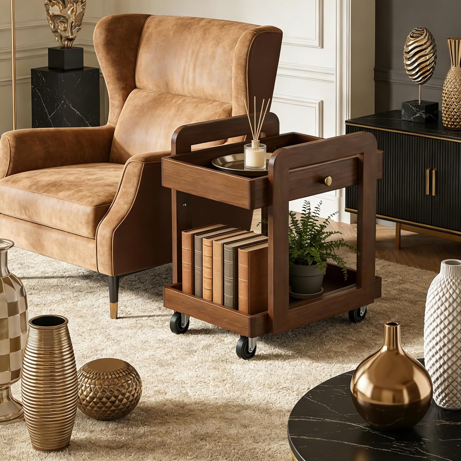 Solid Wood Bar Cart with Drawer, 2-Tier Mobile Side Table with Universal Wheels, Walnut Finish Storage Trolley for Living Room, Tea Room, Bedroom