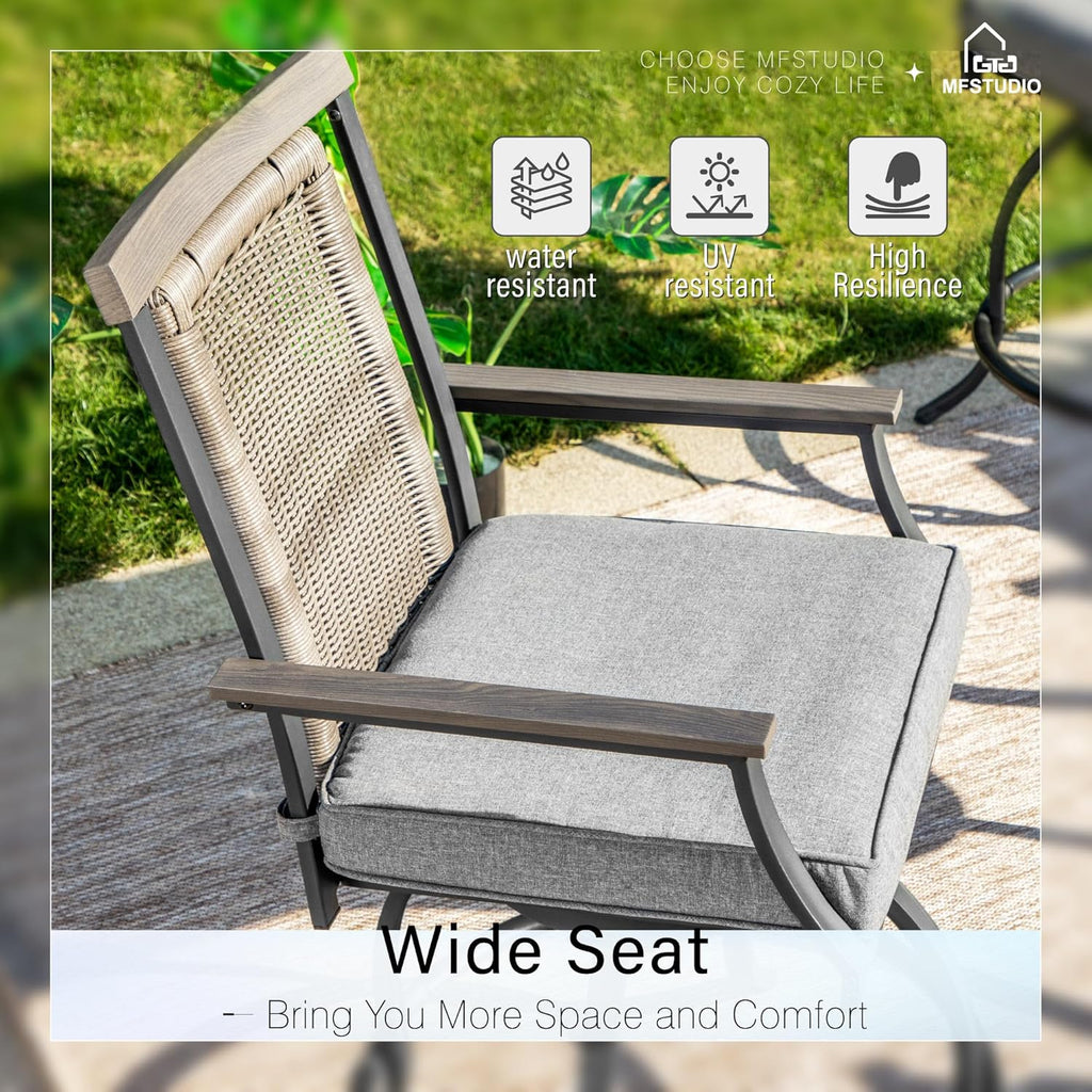 MFSTUDIO Outdoor Counter Height Bar Stool Set of 4, Swivel Rattan Backrest Metal Patio Bar Chair with Armrest and Cushion, All Weather Resistant Patio Chair, Grey